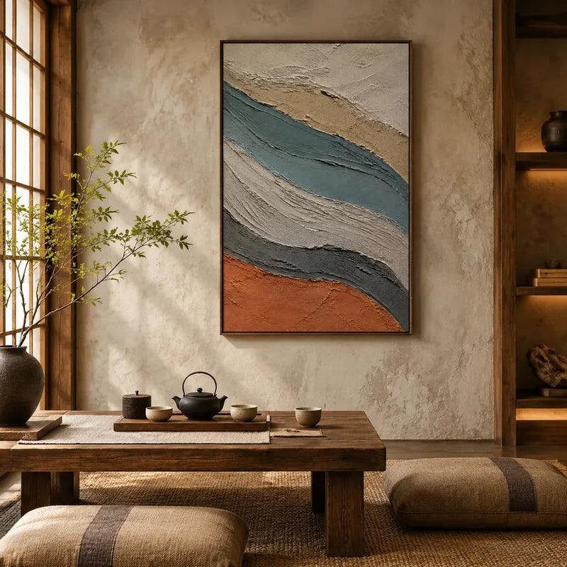 Peinture à l'huile abstraite et conceptuelle en plâtre et texture présentant des marques abstraites superposées, une texture et un mouvement pictural expressif.