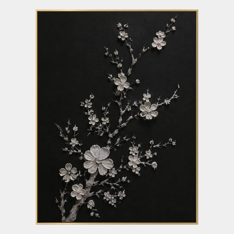 Peinture à l'huile florale/botanique et nature en plâtre et texture présentant des formes botaniques, des fleurs ou des éléments naturels dans une composition picturale dans une palette noir et blanc.