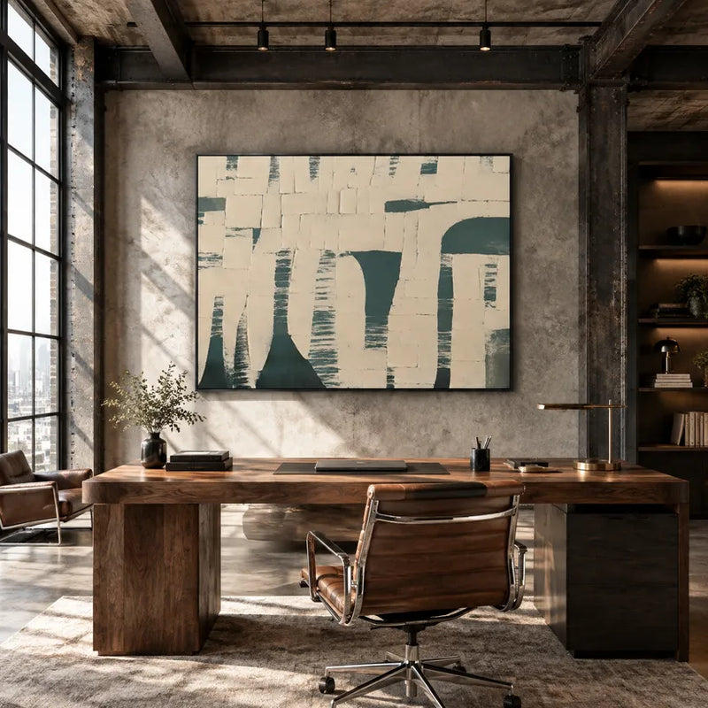 Peinture à l'huile abstraite et conceptuelle en plâtre et texture présentant des marques abstraites superposées, une texture et un mouvement pictural expressif dans une palette beige.