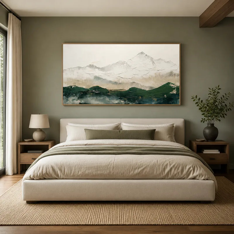 Pittura a olio di paesaggi, paesaggi marini e paesaggi urbani in gesso e struttura con un paesaggio atmosferico, un paesaggio marino o una composizione ispirata alla città in una tavolozza verde.