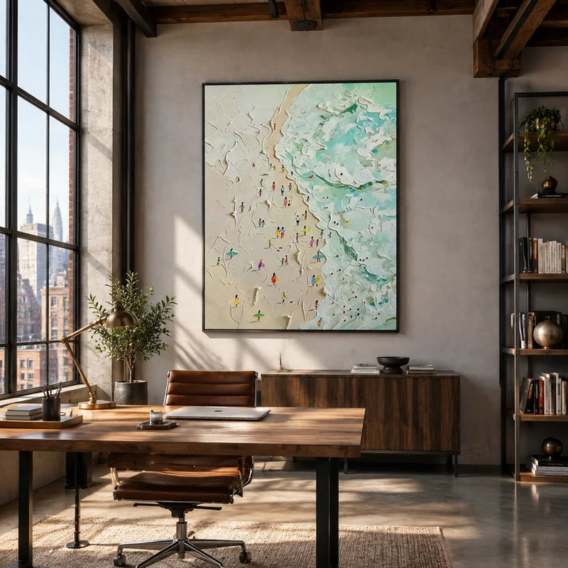 Peinture à l'huile de paysages, de paysages marins et de paysages urbains en plâtre et texture présentant un paysage atmosphérique, un paysage marin ou une composition inspirée de la ville dans une palette beige.