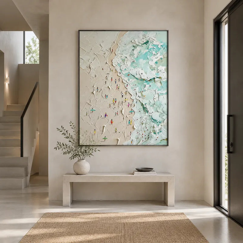 Peinture à l'huile de paysages, de paysages marins et de paysages urbains en plâtre et texture présentant un paysage atmosphérique, un paysage marin ou une composition inspirée de la ville dans une palette beige.