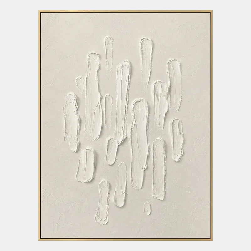 Pittura a olio astratta e concettuale in gesso e texture con segni astratti stratificati, texture e movimento pittorico espressivo in una tavolozza beige.