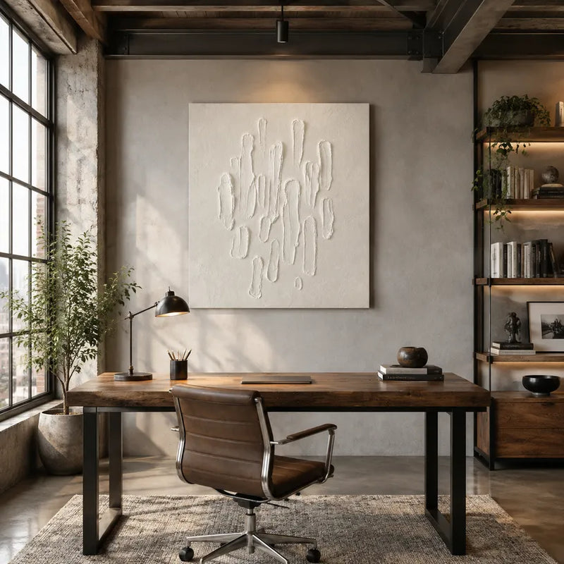Pittura a olio astratta e concettuale in gesso e texture con segni astratti stratificati, texture e movimento pittorico espressivo in una tavolozza beige.