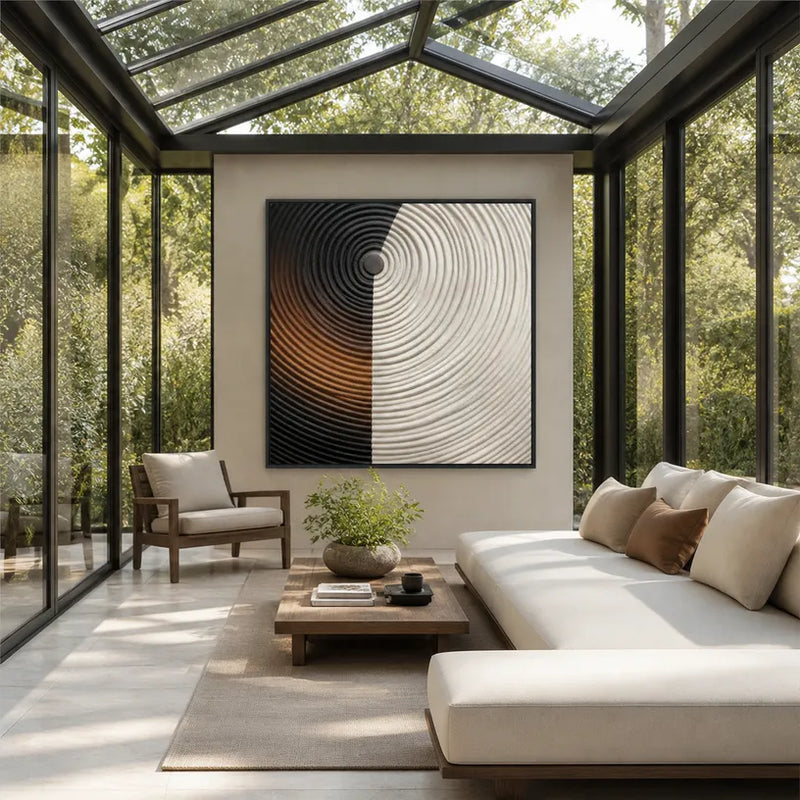 Pittura a olio astratta e concettuale in gesso e texture con segni astratti stratificati, texture e movimento pittorico espressivo.