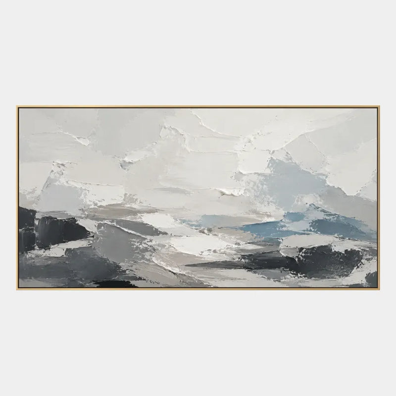 Peinture à l'huile de paysages, de paysages marins et de paysages urbains en plâtre et texture présentant un paysage atmosphérique, un paysage marin ou une composition inspirée de la ville dans une palette de gris.