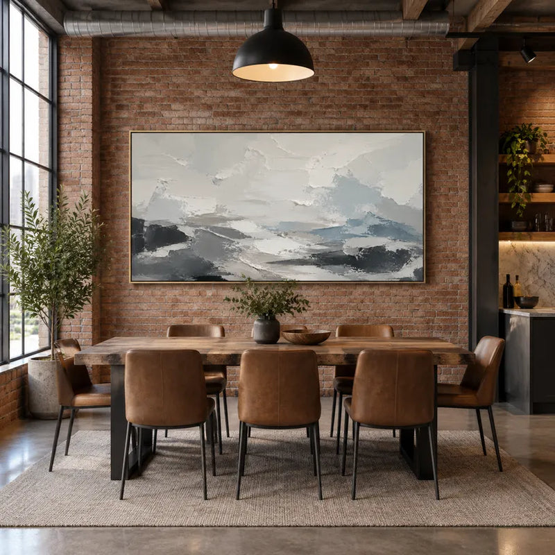 Peinture à l'huile de paysages, de paysages marins et de paysages urbains en plâtre et texture présentant un paysage atmosphérique, un paysage marin ou une composition inspirée de la ville dans une palette de gris.
