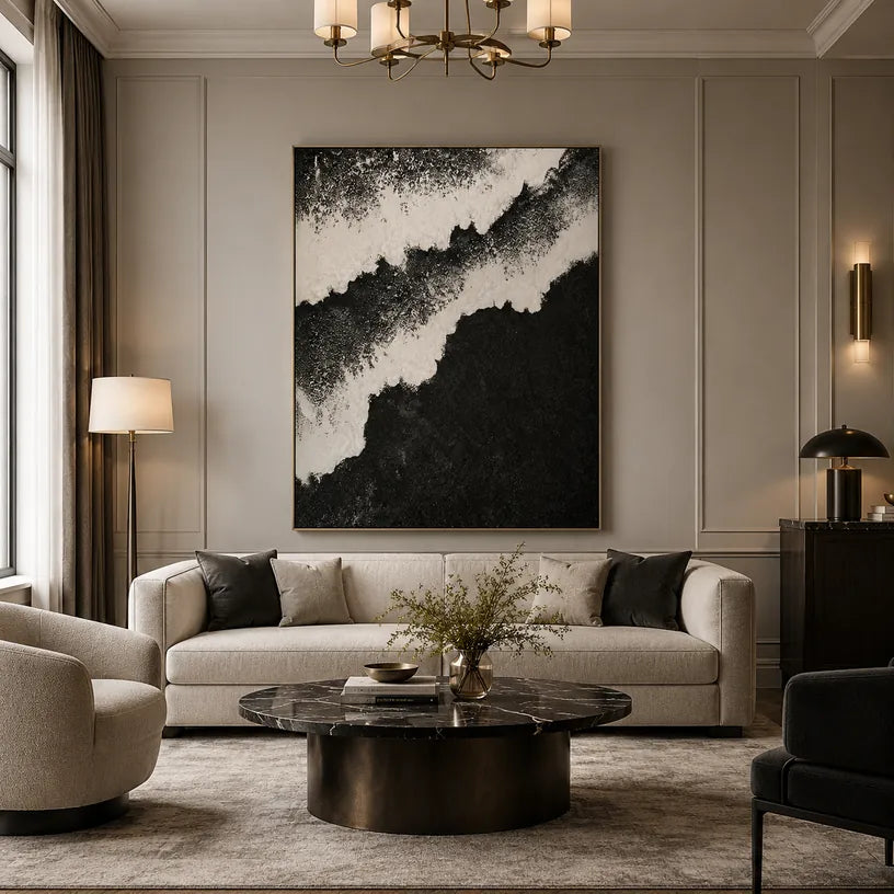 Plaster & Texture abstract & conceptual oil painting featuring layered abstract marks, texture and expressive painterly movement in a black and white palette.