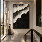 Plaster & Texture abstract & conceptual oil painting featuring layered abstract marks, texture and expressive painterly movement in a black and white palette.