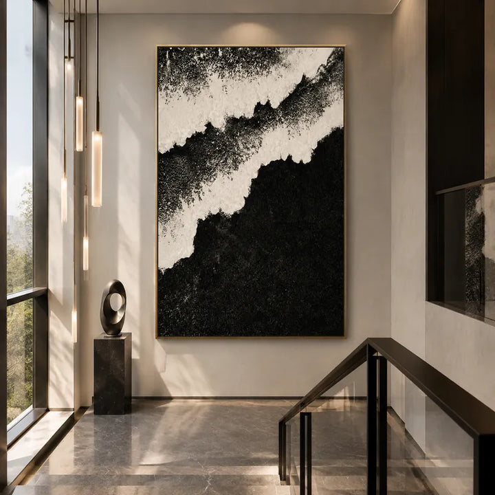 Plaster & Texture abstract & conceptual oil painting featuring layered abstract marks, texture and expressive painterly movement in a black and white palette.