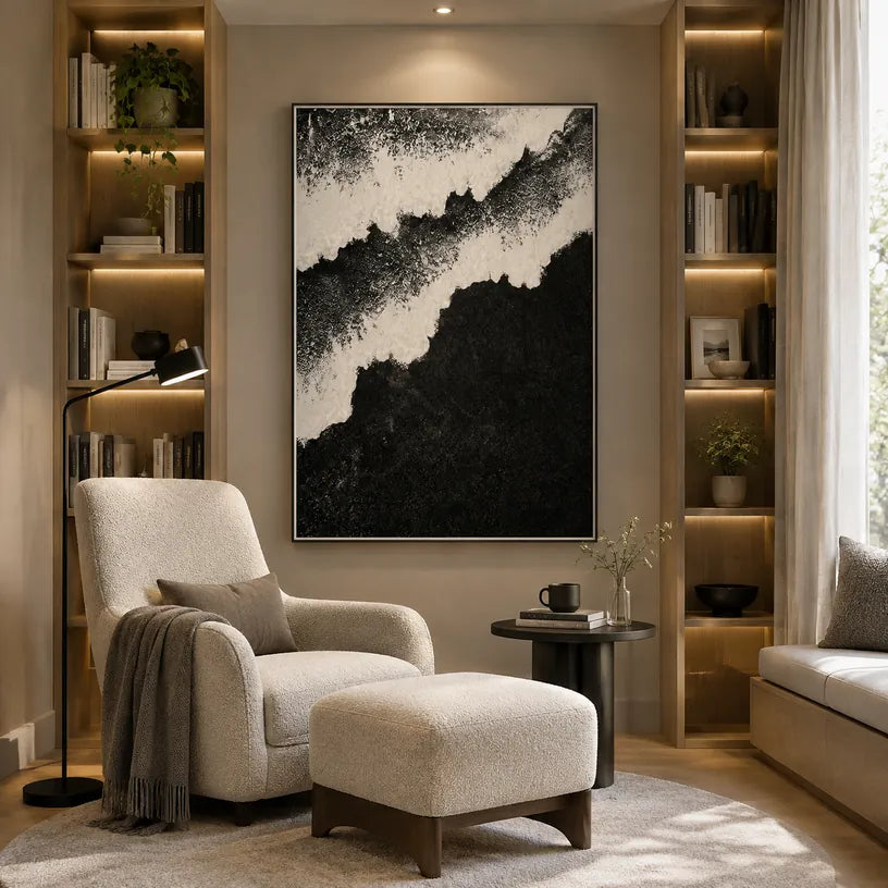 Plaster & Texture abstract & conceptual oil painting featuring layered abstract marks, texture and expressive painterly movement in a black and white palette.