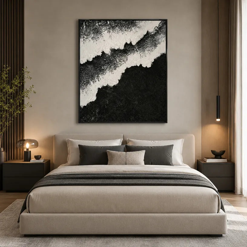 Plaster & Texture abstract & conceptual oil painting featuring layered abstract marks, texture and expressive painterly movement in a black and white palette.