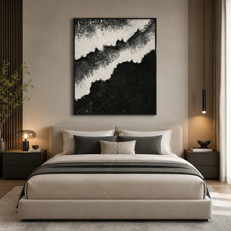 Plaster & Texture abstract & conceptual oil painting featuring layered abstract marks, texture and expressive painterly movement in a black and white palette.