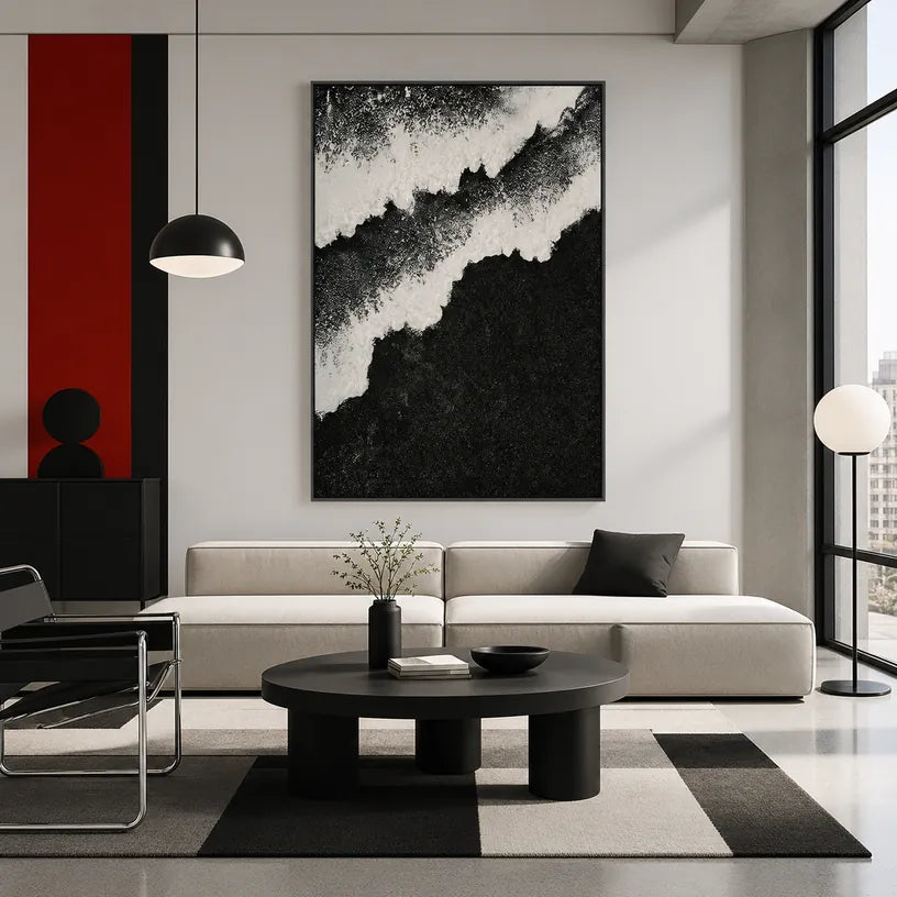 Plaster & Texture abstract & conceptual oil painting featuring layered abstract marks, texture and expressive painterly movement in a black and white palette.