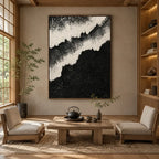 Plaster & Texture abstract & conceptual oil painting featuring layered abstract marks, texture and expressive painterly movement in a black and white palette.