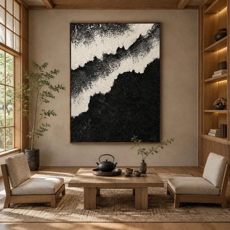 Plaster & Texture abstract & conceptual oil painting featuring layered abstract marks, texture and expressive painterly movement in a black and white palette.