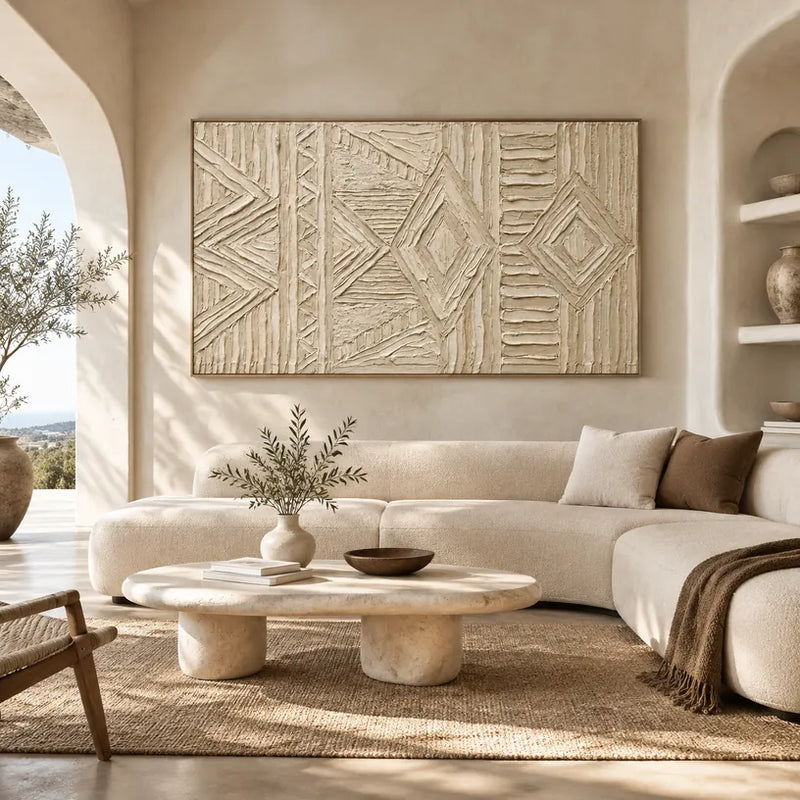 Plaster & Texture abstract & conceptual oil painting featuring layered abstract marks, texture and expressive painterly movement in a beige palette.