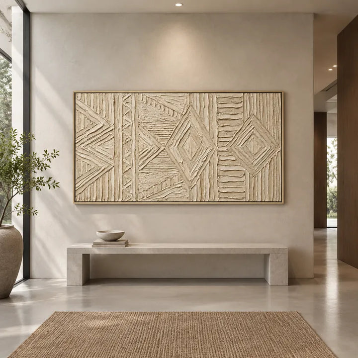 Plaster & Texture abstract & conceptual oil painting featuring layered abstract marks, texture and expressive painterly movement in a beige palette.