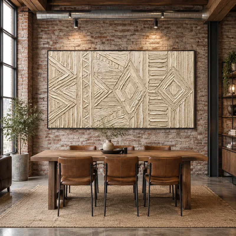 Plaster & Texture abstract & conceptual oil painting featuring layered abstract marks, texture and expressive painterly movement in a beige palette.