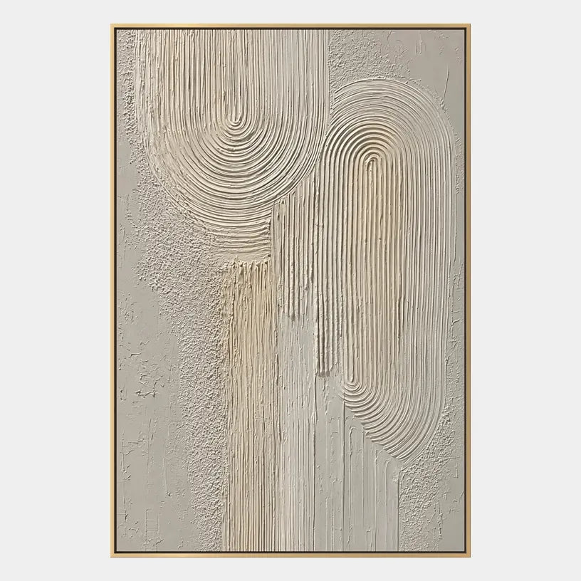 Plaster & Texture abstract & conceptual oil painting featuring layered abstract marks, texture and expressive painterly movement in a beige palette.