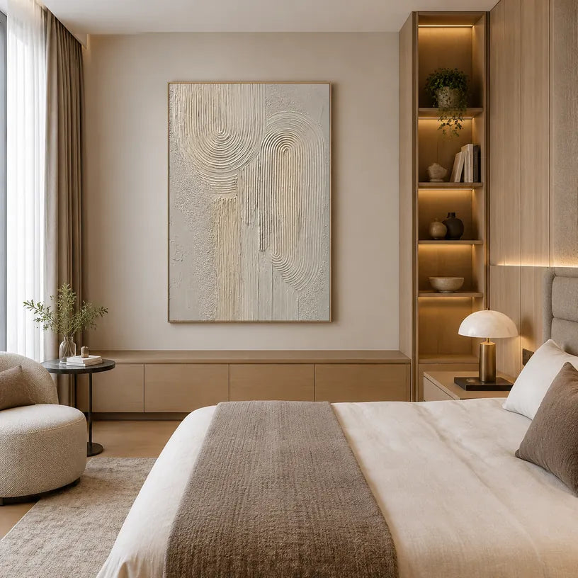 Plaster & Texture abstract & conceptual oil painting featuring layered abstract marks, texture and expressive painterly movement in a beige palette.