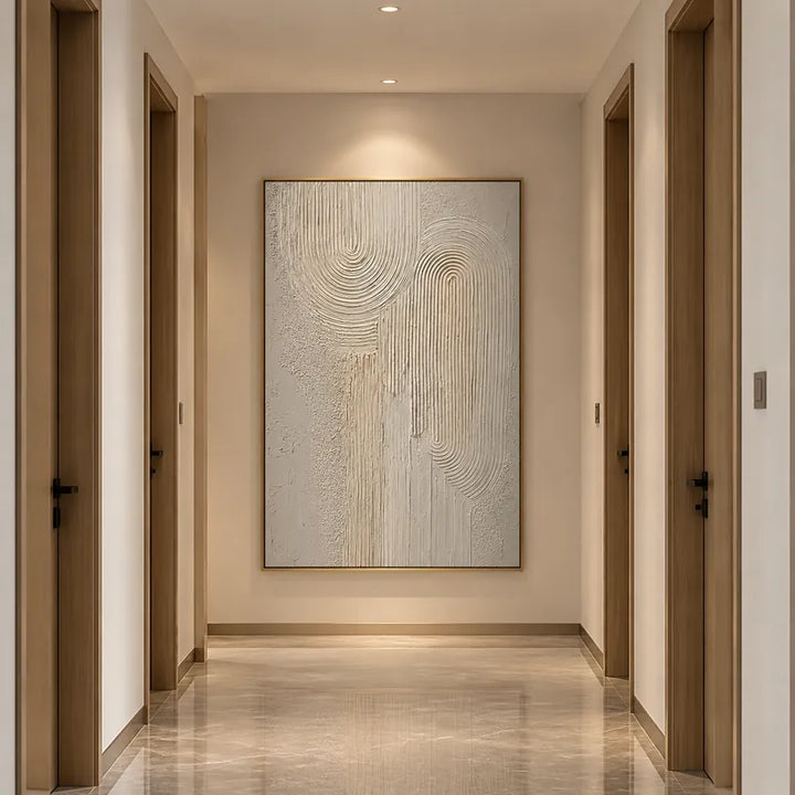 Plaster & Texture abstract & conceptual oil painting featuring layered abstract marks, texture and expressive painterly movement in a beige palette.