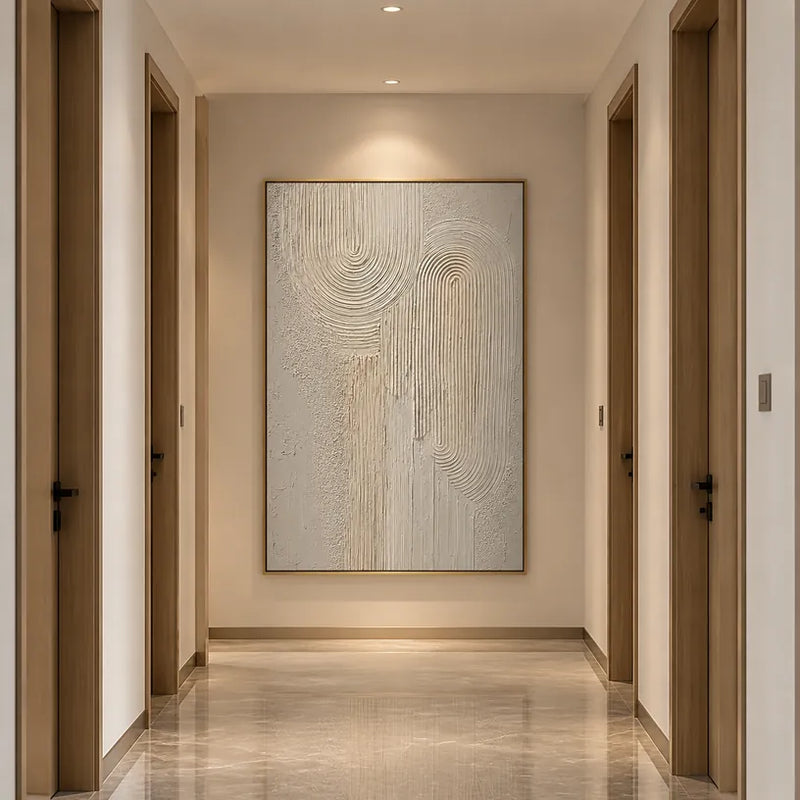 Plaster & Texture abstract & conceptual oil painting featuring layered abstract marks, texture and expressive painterly movement in a beige palette.