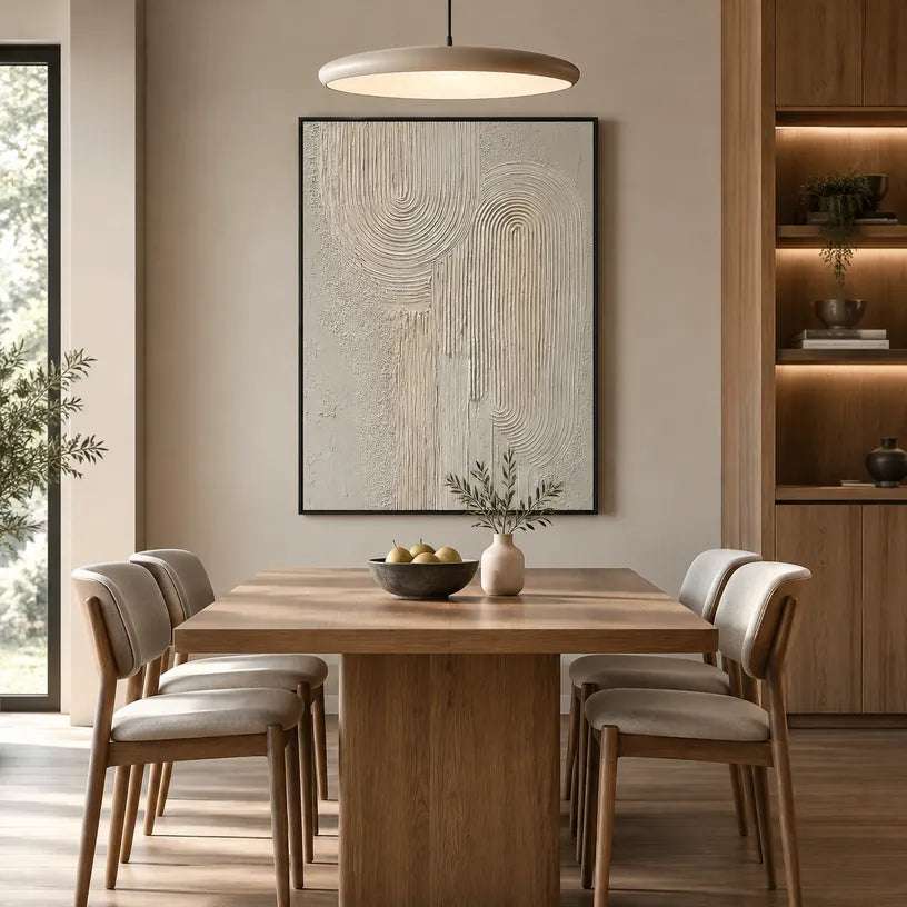 Plaster & Texture abstract & conceptual oil painting featuring layered abstract marks, texture and expressive painterly movement in a beige palette.
