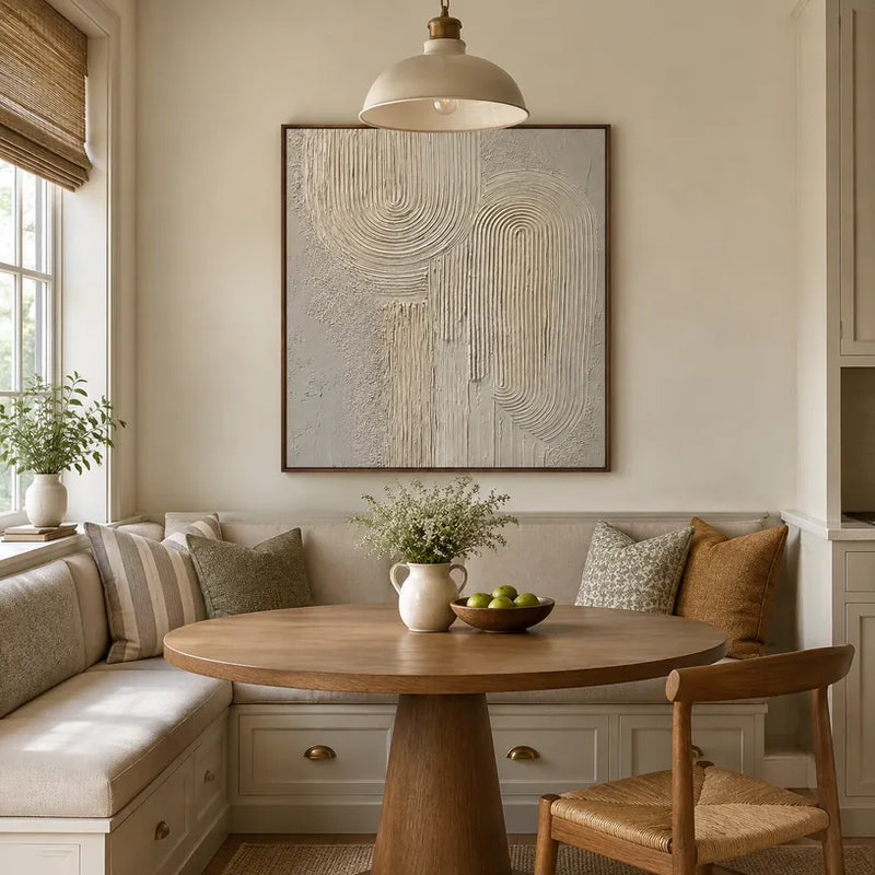 Plaster & Texture abstract & conceptual oil painting featuring layered abstract marks, texture and expressive painterly movement in a beige palette.