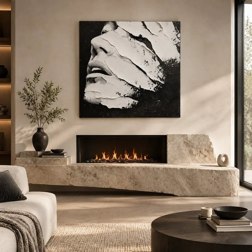 Plaster & Texture abstract & conceptual oil painting featuring layered abstract marks, texture and expressive painterly movement in a black and white palette.
