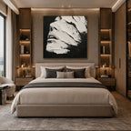 Plaster & Texture abstract & conceptual oil painting featuring layered abstract marks, texture and expressive painterly movement in a black and white palette.