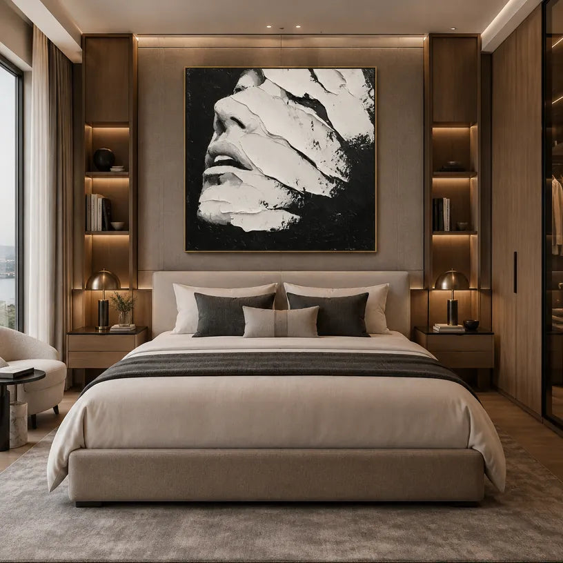 Plaster & Texture abstract & conceptual oil painting featuring layered abstract marks, texture and expressive painterly movement in a black and white palette.