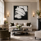 Plaster & Texture abstract & conceptual oil painting featuring layered abstract marks, texture and expressive painterly movement in a black and white palette.