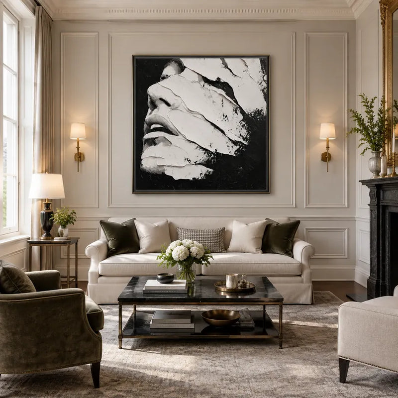 Plaster & Texture abstract & conceptual oil painting featuring layered abstract marks, texture and expressive painterly movement in a black and white palette.