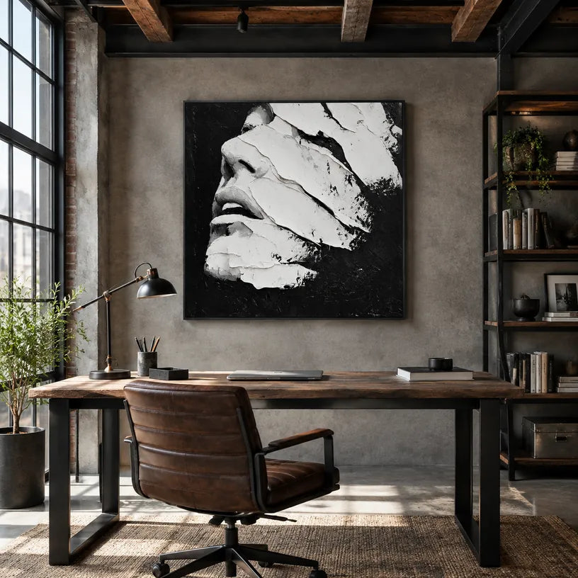 Plaster & Texture abstract & conceptual oil painting featuring layered abstract marks, texture and expressive painterly movement in a black and white palette.