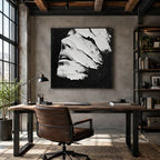 Plaster & Texture abstract & conceptual oil painting featuring layered abstract marks, texture and expressive painterly movement in a black and white palette.