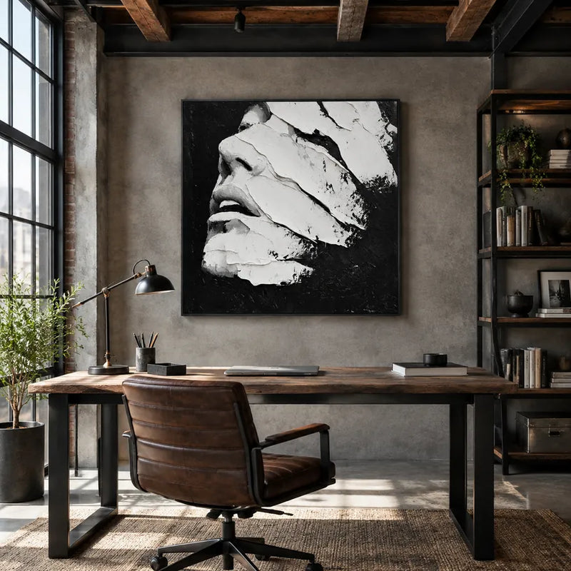 Plaster & Texture abstract & conceptual oil painting featuring layered abstract marks, texture and expressive painterly movement in a black and white palette.