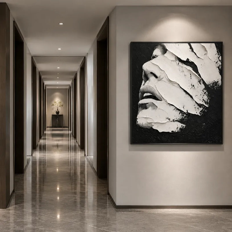 Plaster & Texture abstract & conceptual oil painting featuring layered abstract marks, texture and expressive painterly movement in a black and white palette.