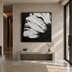 Plaster & Texture abstract & conceptual oil painting featuring layered abstract marks, texture and expressive painterly movement in a black and white palette.