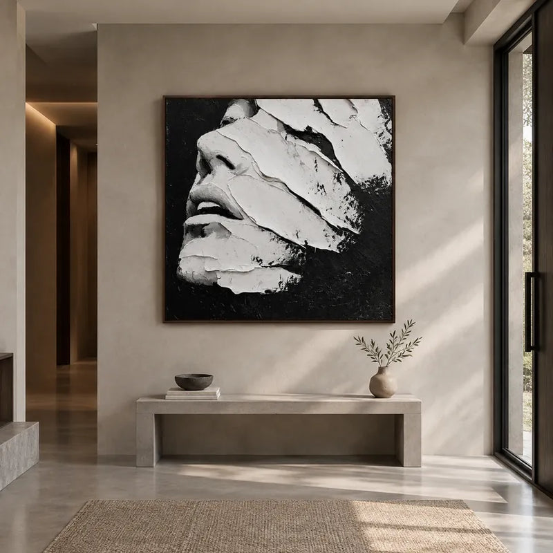 Plaster & Texture abstract & conceptual oil painting featuring layered abstract marks, texture and expressive painterly movement in a black and white palette.