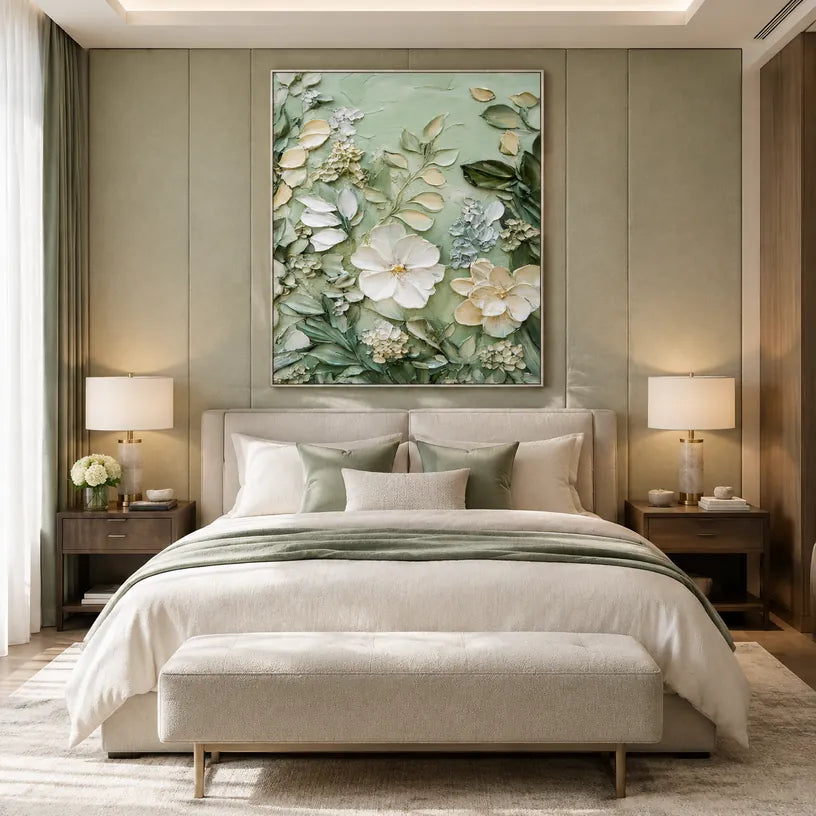 Plaster & Texture floral/botanicals & nature oil painting featuring botanical forms, flowers or natural elements in a painterly composition in a green palette.