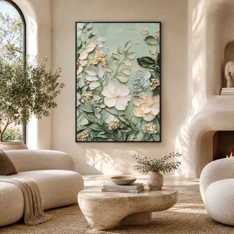 Plaster & Texture floral/botanicals & nature oil painting featuring botanical forms, flowers or natural elements in a painterly composition in a green palette.