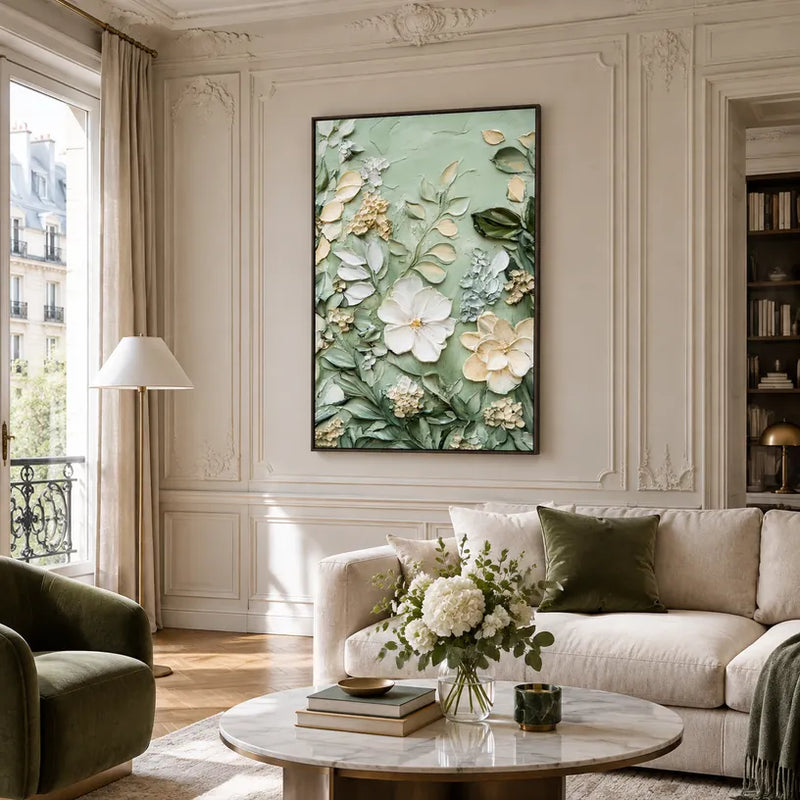 Plaster & Texture floral/botanicals & nature oil painting featuring botanical forms, flowers or natural elements in a painterly composition in a green palette.