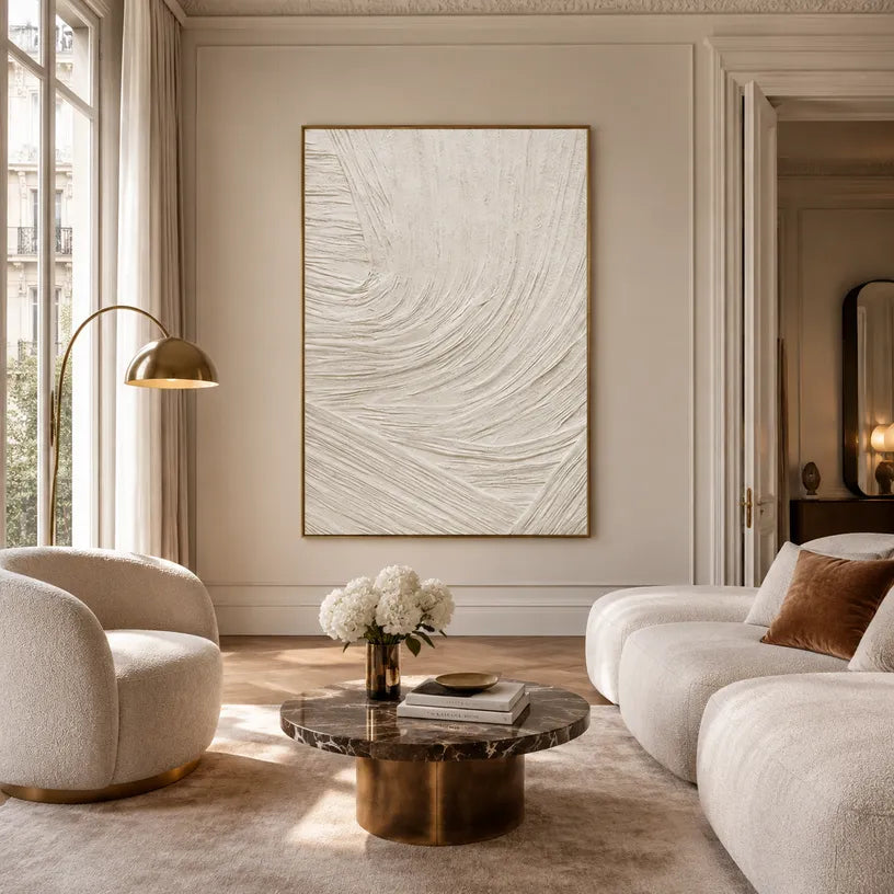 Plaster & Texture abstract oil painting showing layered abstract marks, texture and expressive painterly movement in a beige palette.