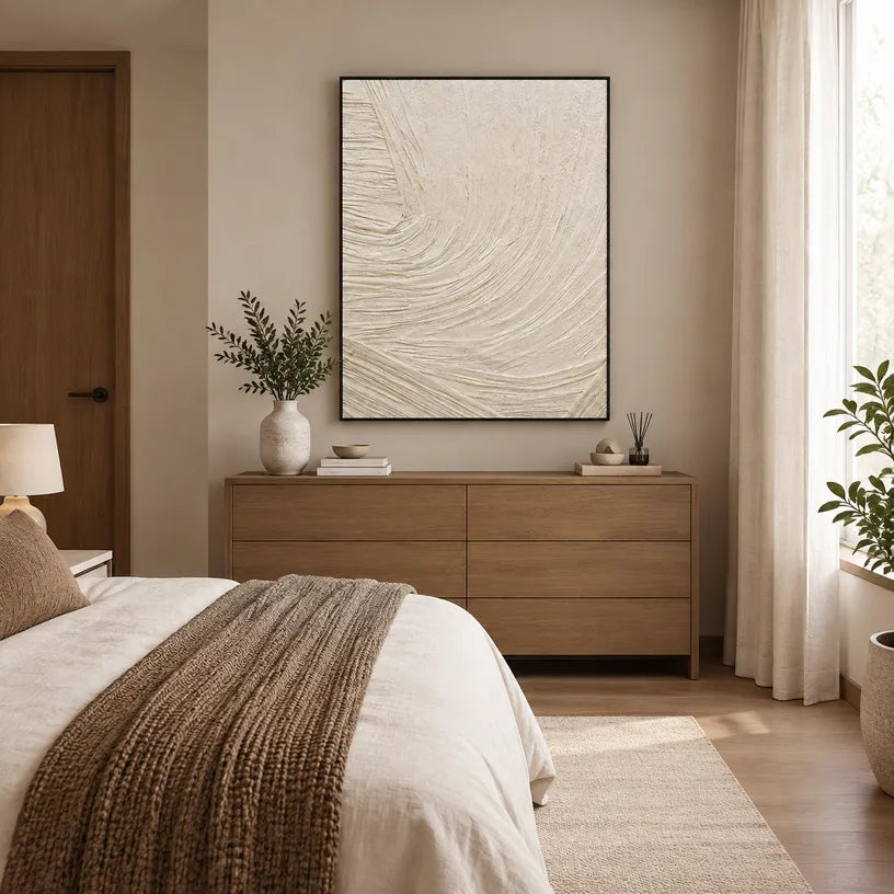 Plaster & Texture abstract oil painting showing layered abstract marks, texture and expressive painterly movement in a beige palette.