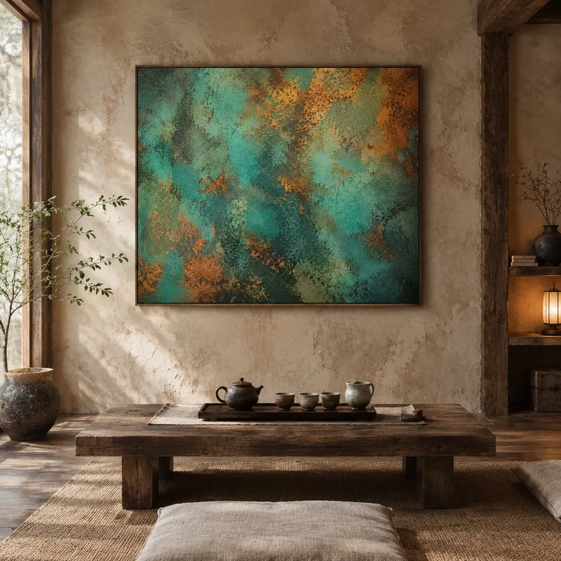 Pittura a olio astratta e concettuale in gesso e texture con segni astratti stratificati, texture e movimento pittorico espressivo.