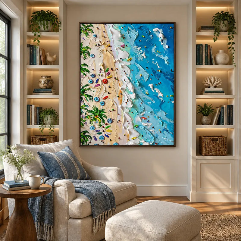 Peinture à l'huile de paysages, de paysages marins et de paysages urbains en plâtre et texture présentant un paysage atmosphérique, un paysage marin ou une composition inspirée de la ville dans une palette bleue.