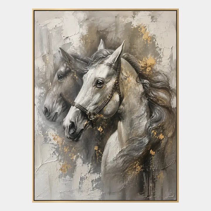 Dipinto a olio con animali in gesso e struttura, caratterizzato da un soggetto animale espressivo reso con pennellate visibili in una tavolozza di grigi.