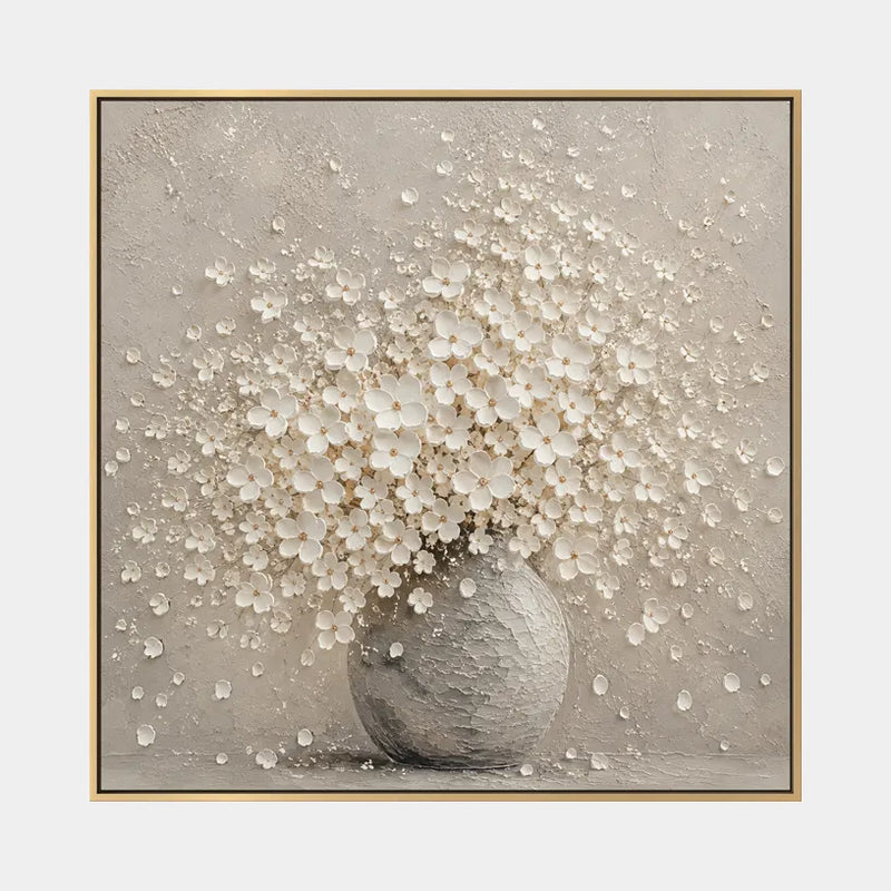 Pintura al óleo floral/botánica y natural de yeso y textura con formas botánicas, flores o elementos naturales en una composición pictórica en una paleta beige.