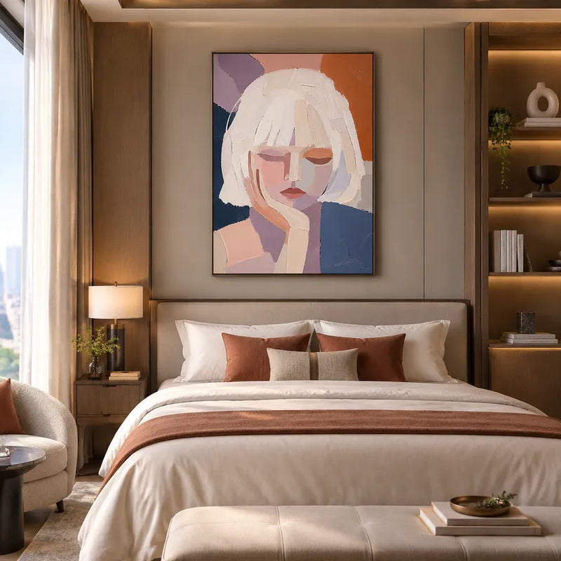 Peinture à l'huile et portrait en plâtre et texture représentant une figure ou un portrait expressif rendu avec des détails picturaux dans une palette beige.